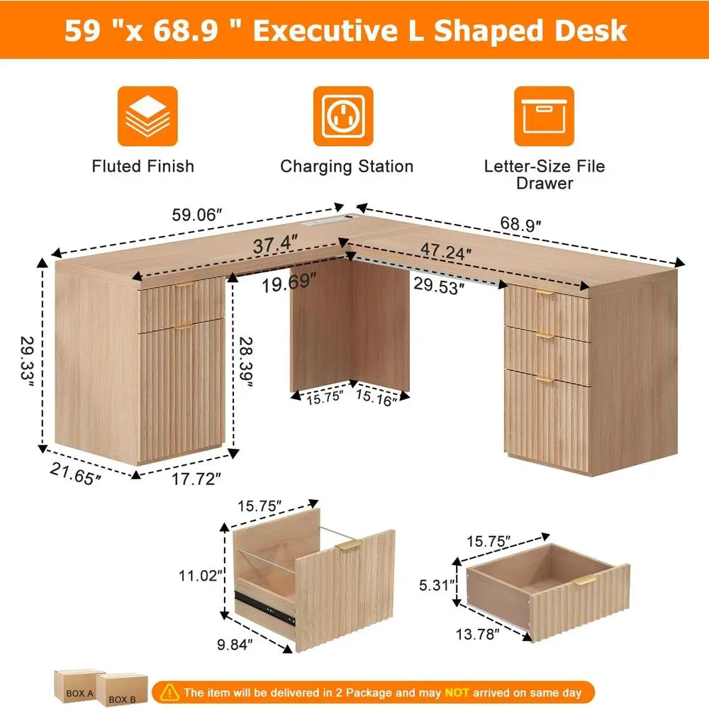 Oak L-Shaped Desk with Charging Station