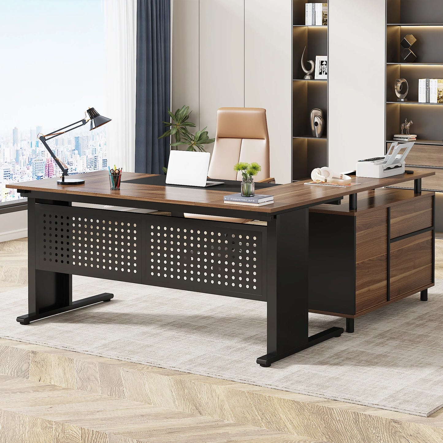 Parkview L-Shaped Executive Desk with Storage Cabinet & File Drawer