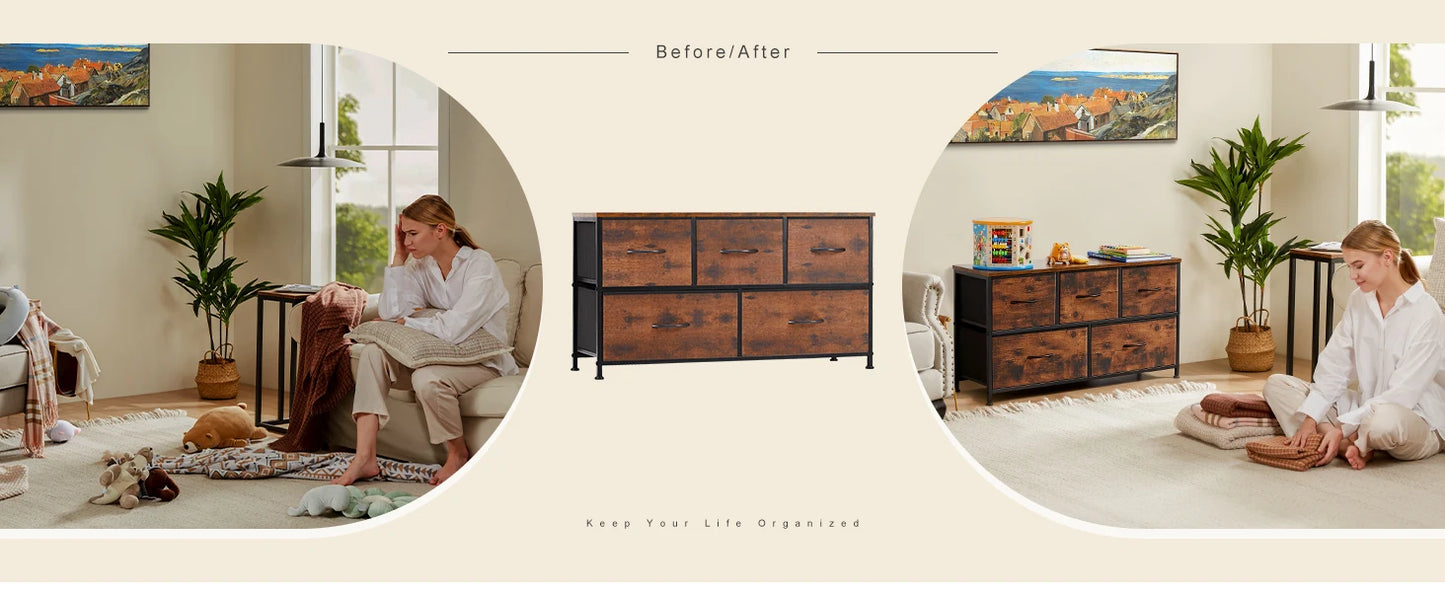 Modern 5-Drawer Storage Cabinet with Wood Top & Metal Frame
