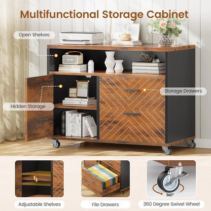 Rustic L-Shaped Executive Desk with Rolling Cabinet