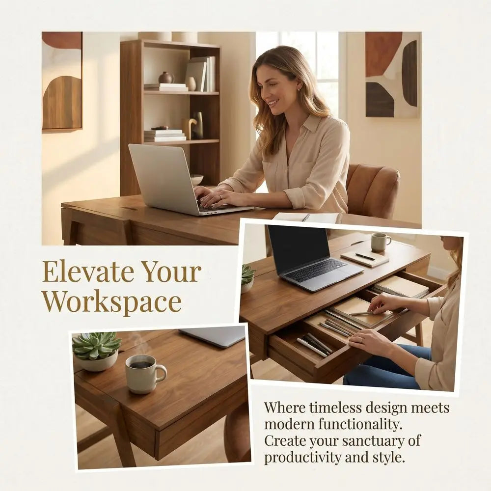 59" Walnut Writing Desk with Hidden Cable Management