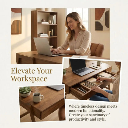 59" Walnut Writing Desk with Hidden Cable Management