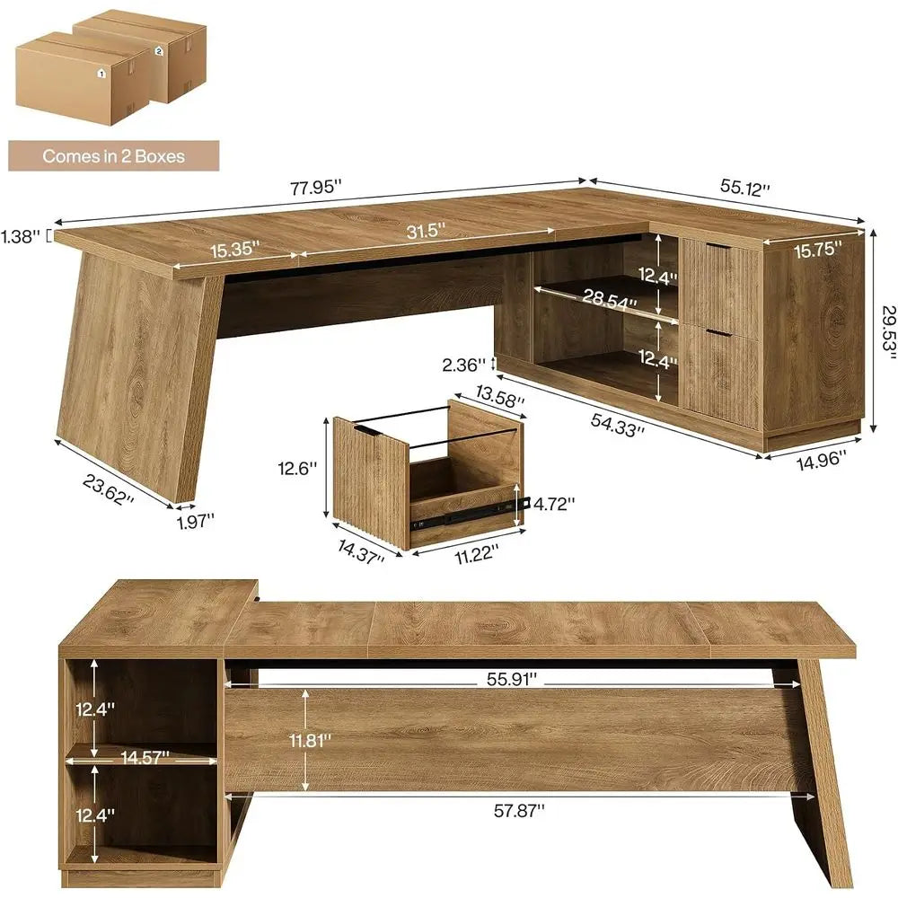 Oak Brown L-Shaped Executive Desk
