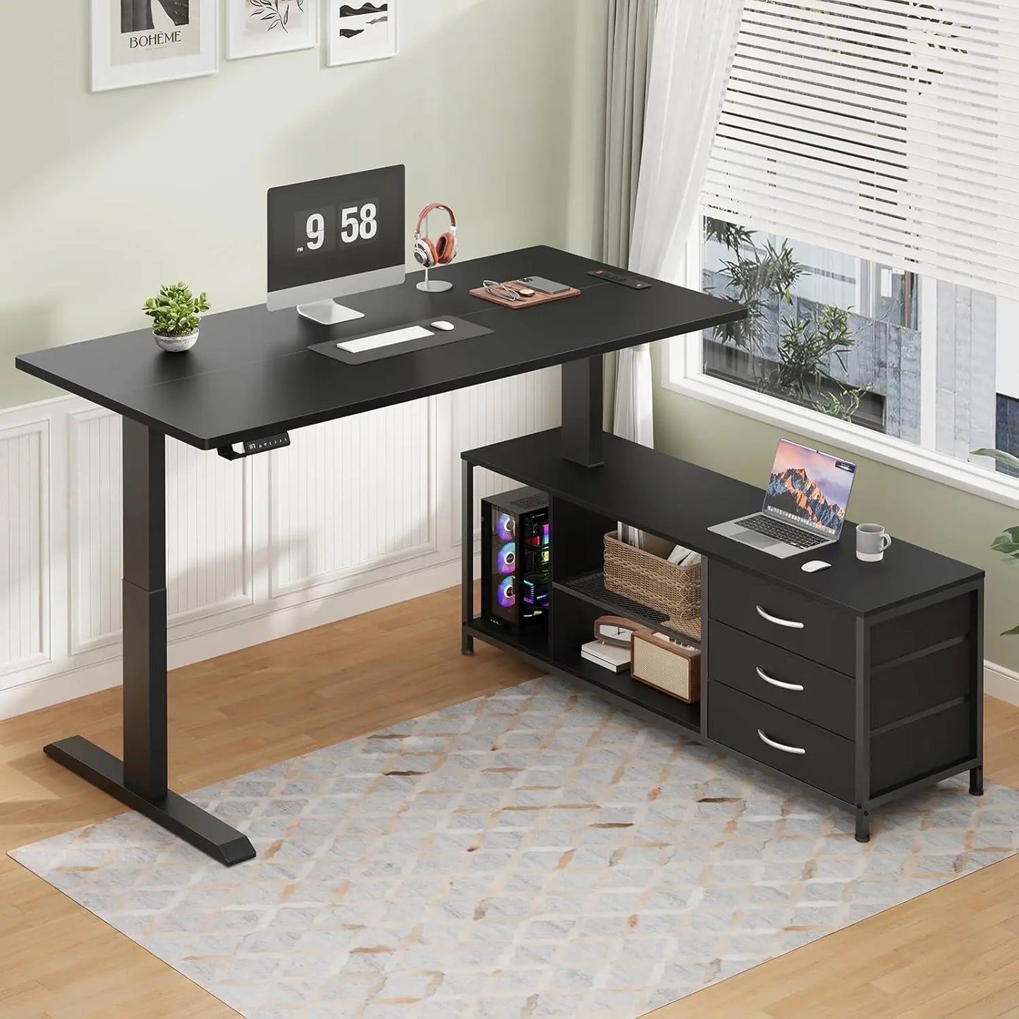 Premium L-Shaped Electric Standing Desk with Integrated Storage & Charging Station