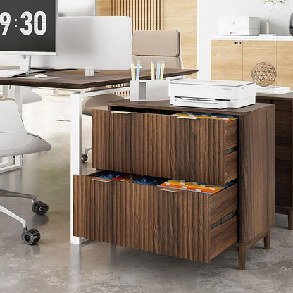 Premium Fluted Wood Filing Cabinet with Dual Storage Drawers
