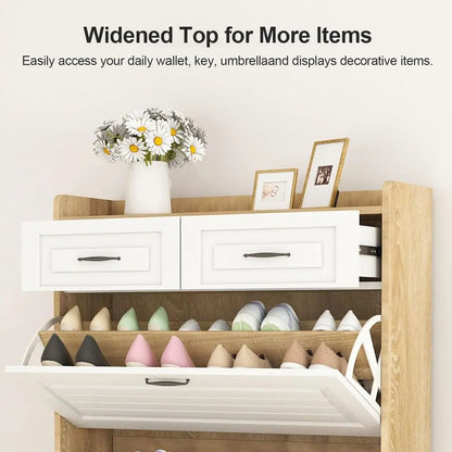 Oak & White Lip-Door Shoe Cabinet