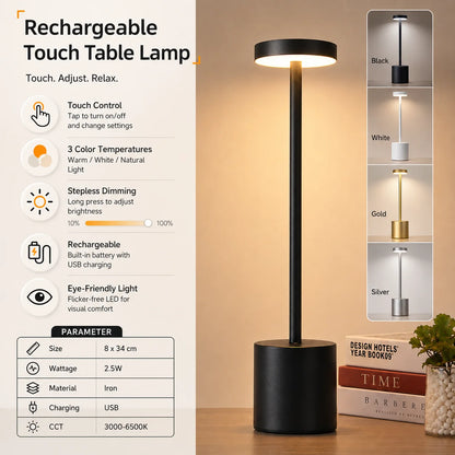 Cordless Rechargeable Touch Table Lamp | 3 Light Colors, Stepless Dimming