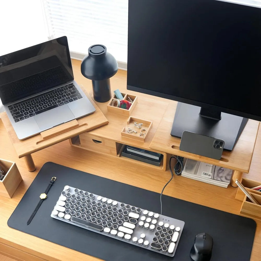 Adjustable Bamboo Dual Monitor Stand with Storage Drawer