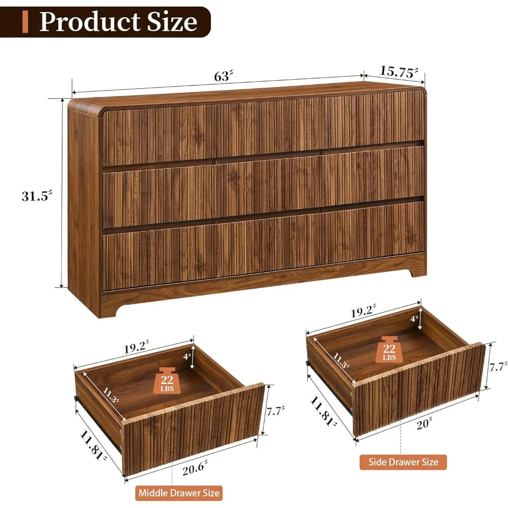 Premium 9-Drawer Wood Dresser with Fluted Modern Design