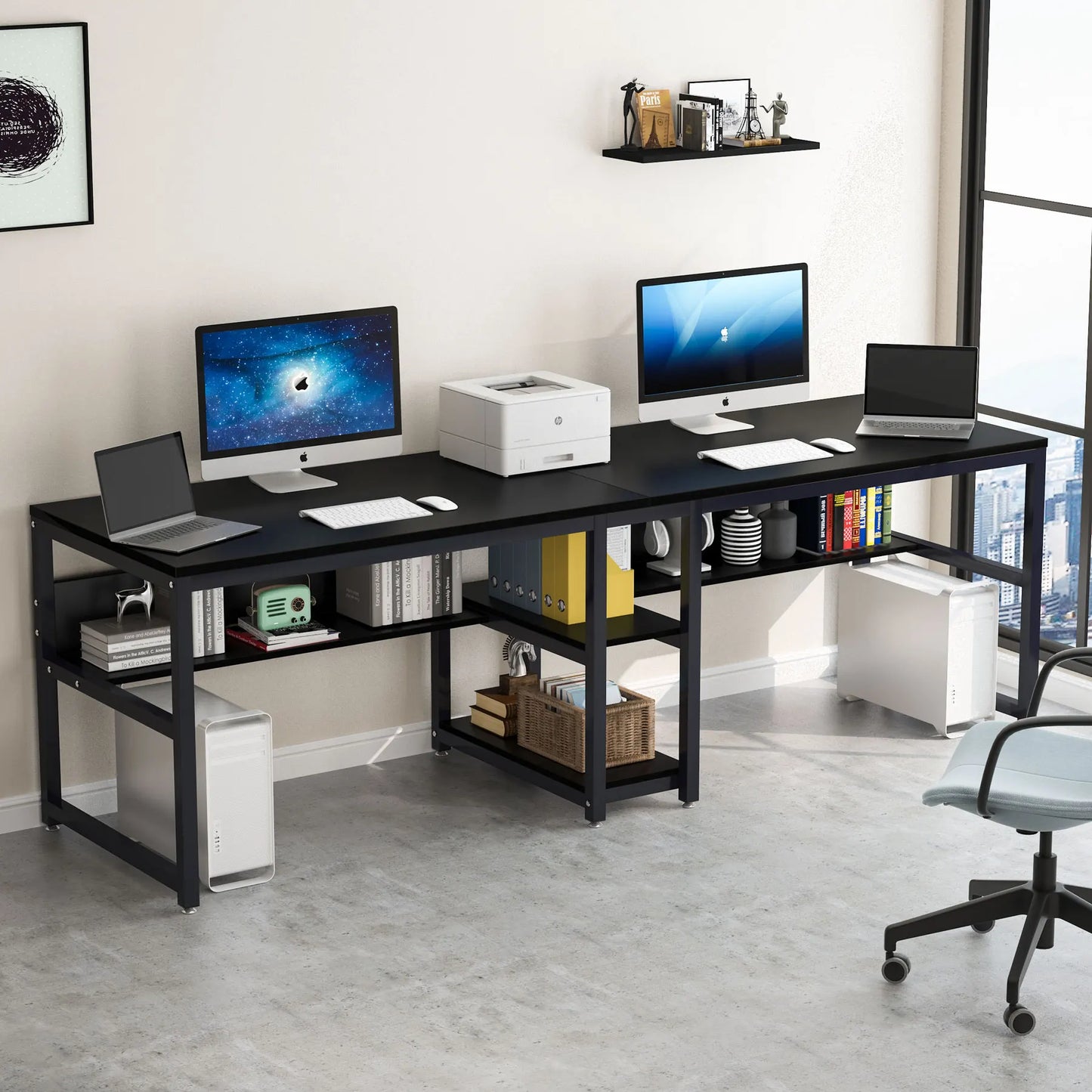Two-Person Desk with Bookshelf