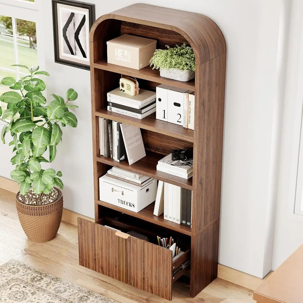Arched Wood Bookcase with Drawer & Open Display Shelves