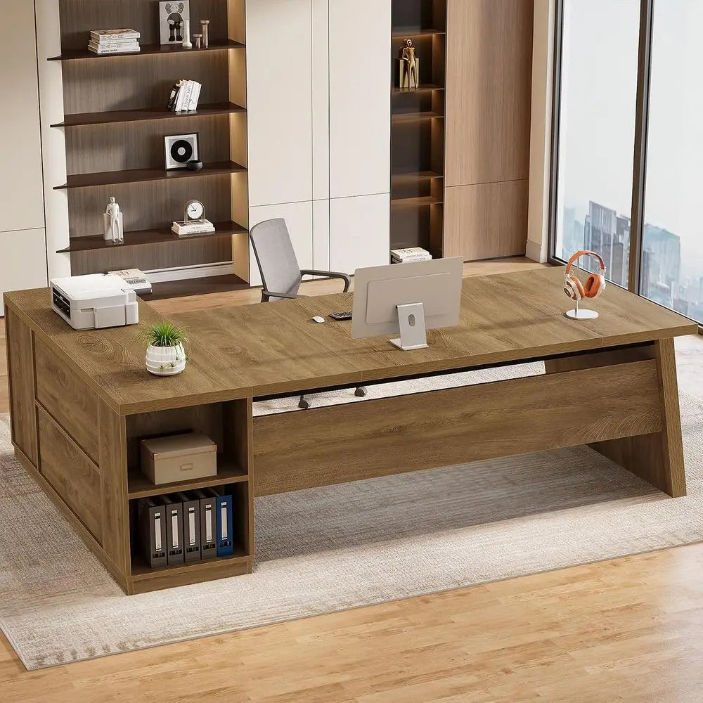 Oak Brown L-Shaped Executive Desk