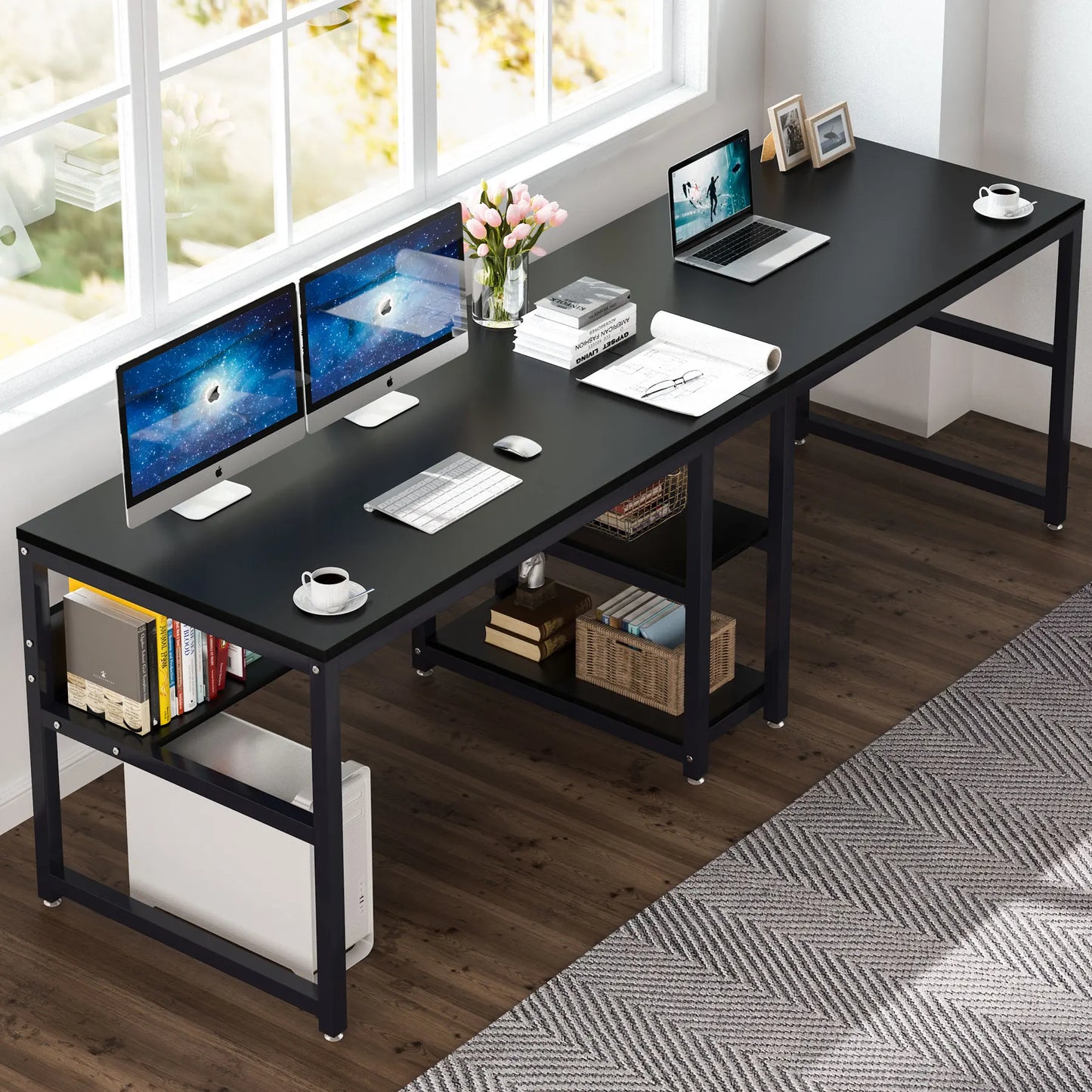 Two-Person Desk with Bookshelf