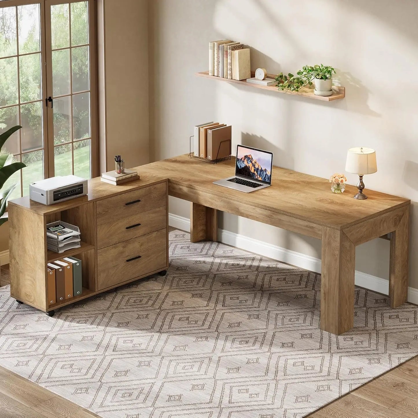 63" Executive L-Shaped Desk with Rolling File Cabinet