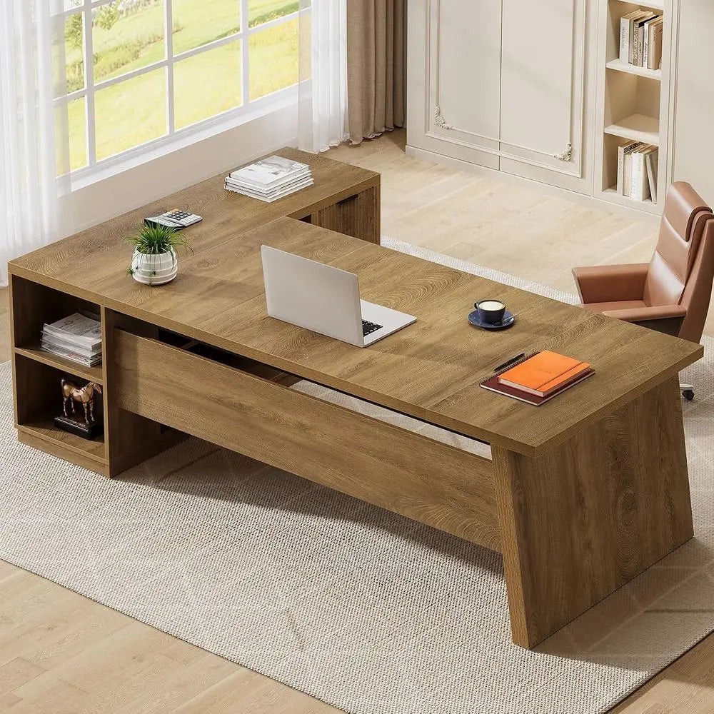 Oak Brown L-Shaped Executive Desk