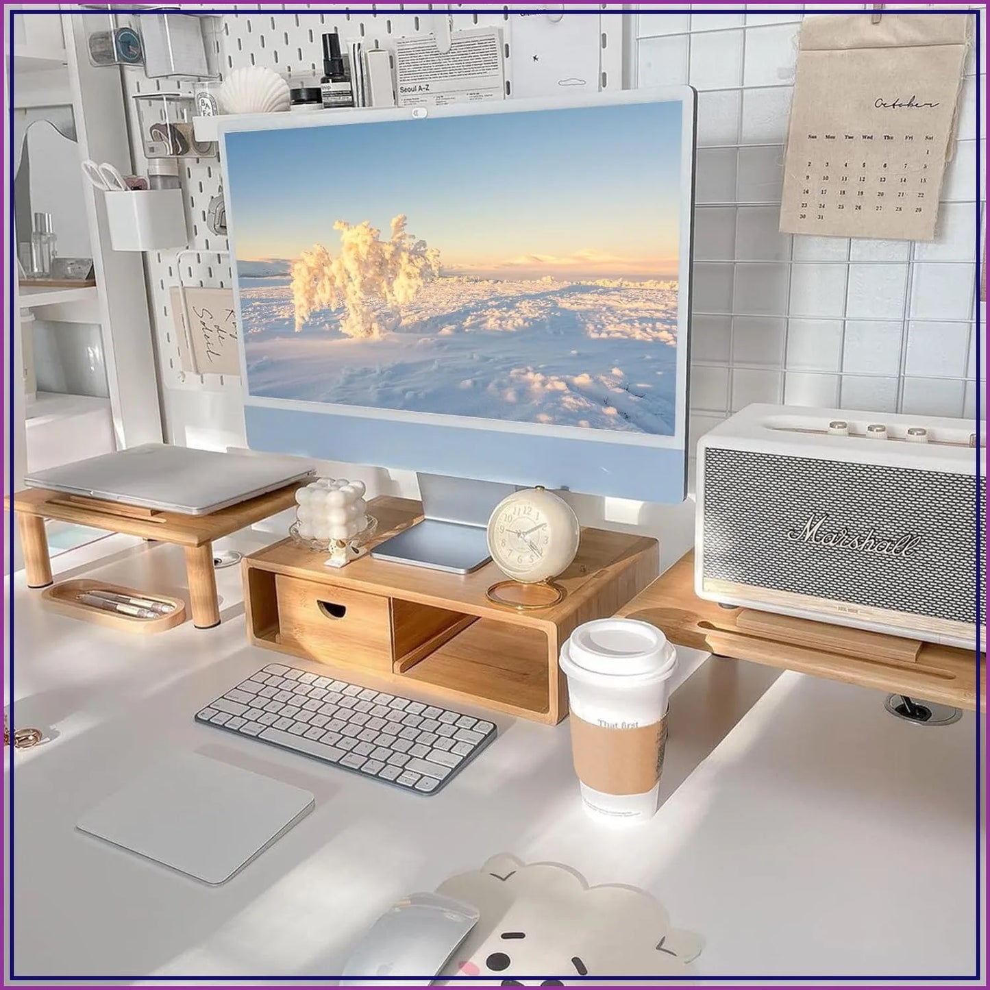 Adjustable Bamboo Dual Monitor Stand with Storage Drawer
