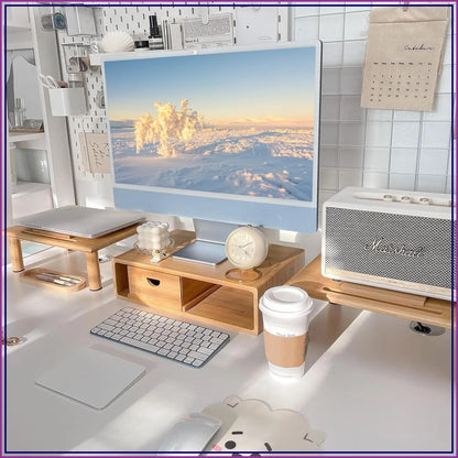 Adjustable Bamboo Dual Monitor Stand with Storage Drawer