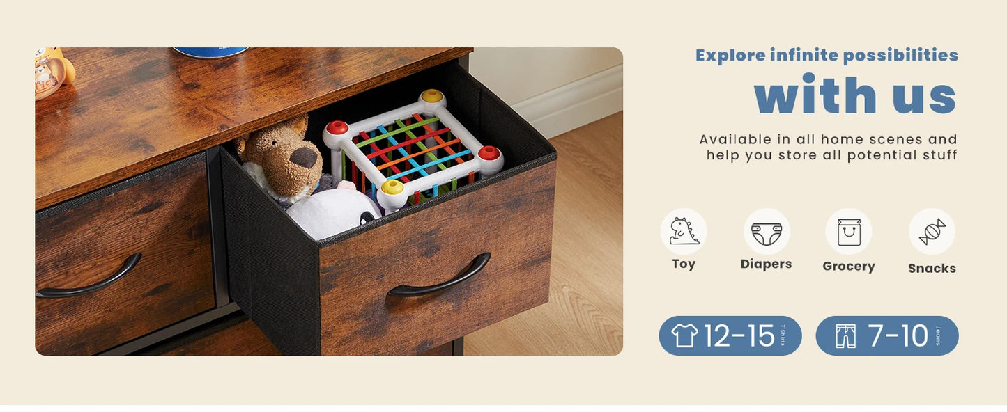Modern 5-Drawer Storage Cabinet with Wood Top & Metal Frame