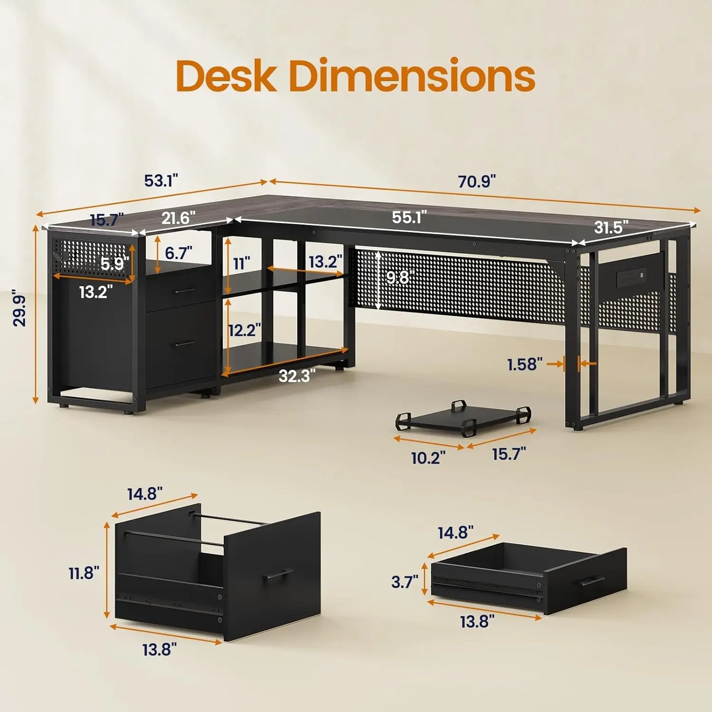 Valmere L-Shaped Desk with Storage Cabinet, File Drawer & Charging Station