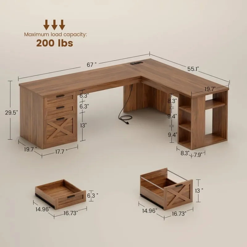 Hearthwood Farmhouse L-Shaped Desk with Drawers & Charging Station
