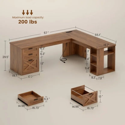 Hearthwood Farmhouse L-Shaped Desk with Drawers & Charging Station