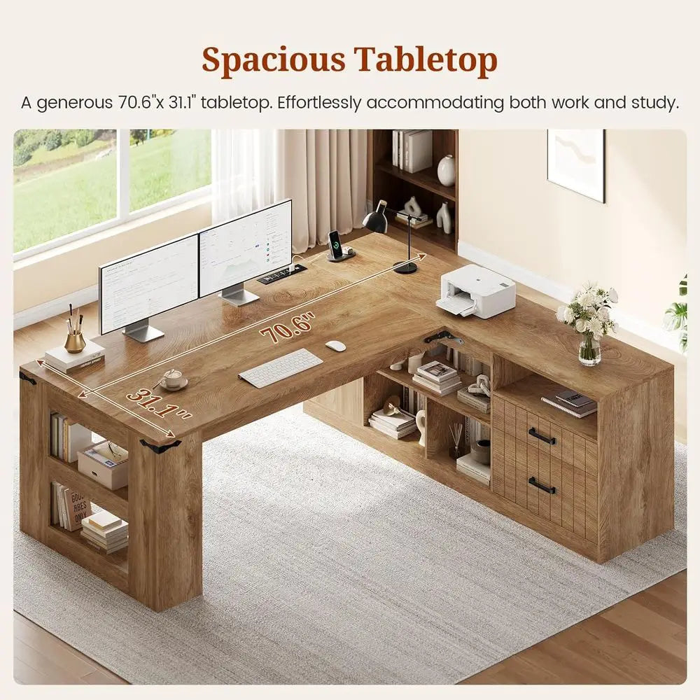 L-Shaped Oak Executive Desk