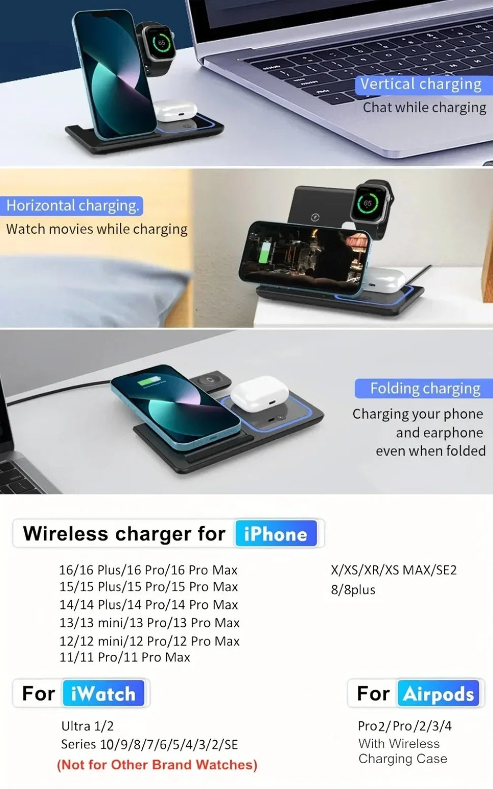 TriCharge Flex 3-in-1 Foldable Wireless Charging Station