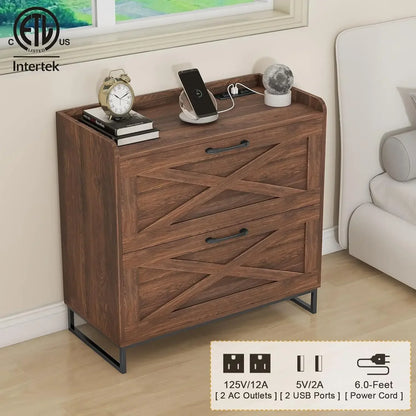 Premium Wood Filing Cabinet with Charging Station & Dual File Drawers