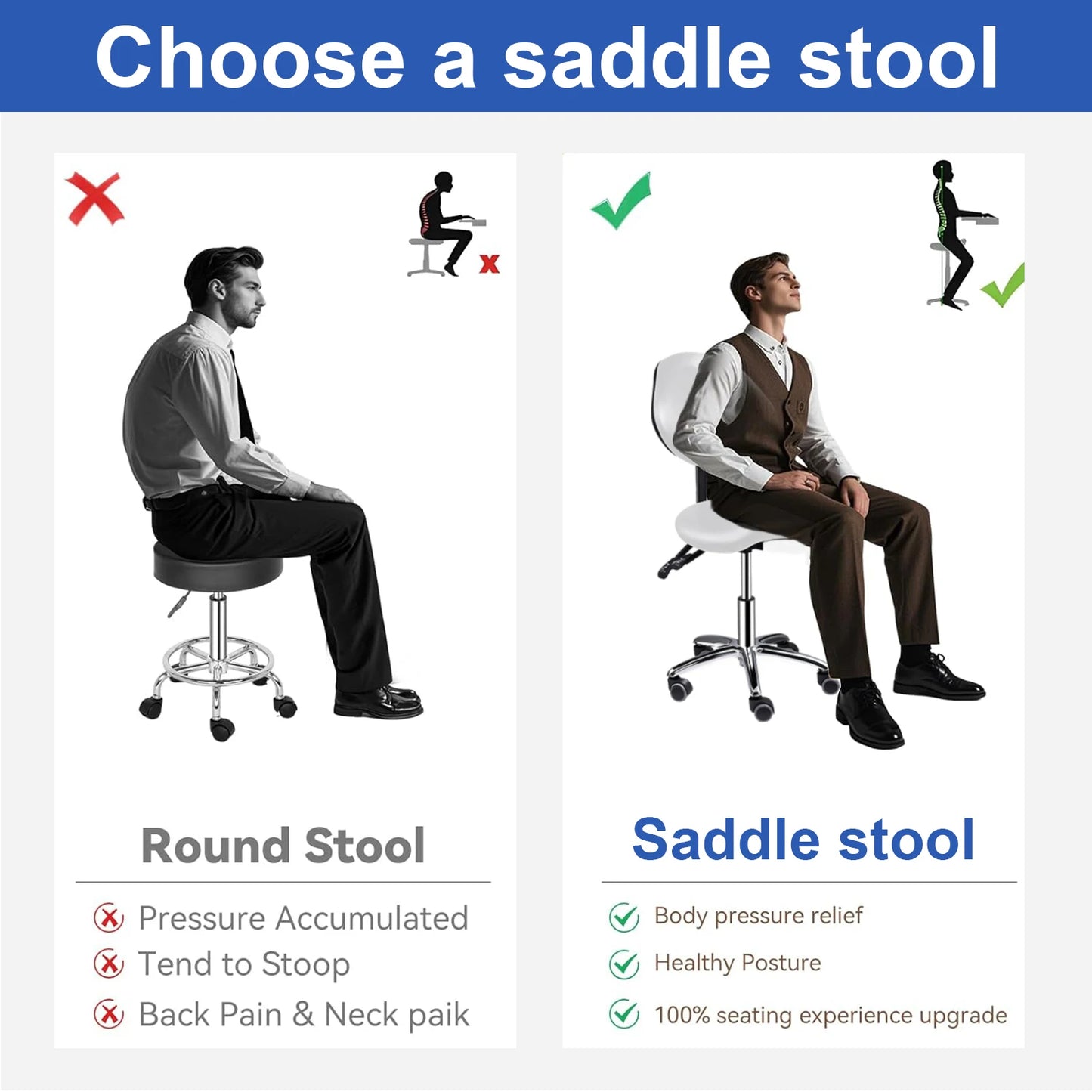 Rolling Saddle Chair with Back Support