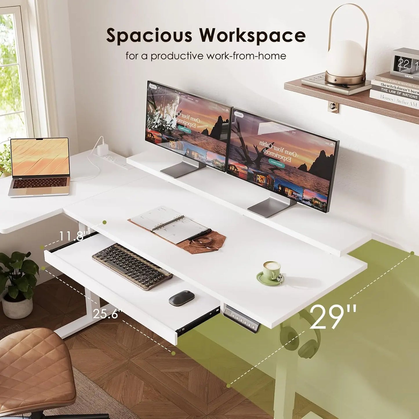 Electric L-Shaped Standing Desk with Keyboard Tray & Charging Station