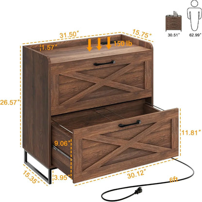 Premium Wood Filing Cabinet with Charging Station & Dual File Drawers