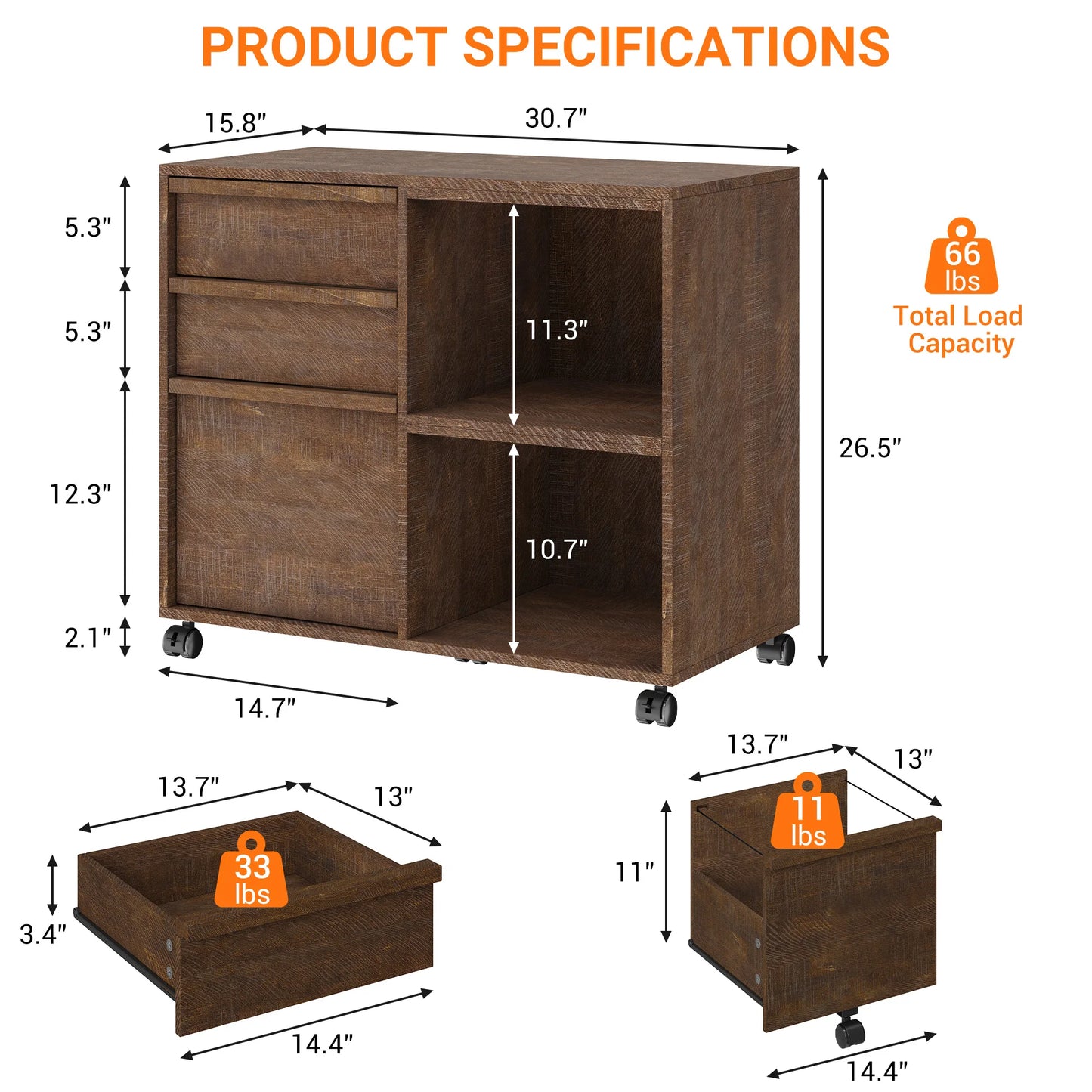 Ergove 3-Drawer Rolling File Cabinet