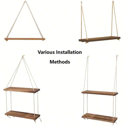 Wooden Hemp Rope Hanging Shelf