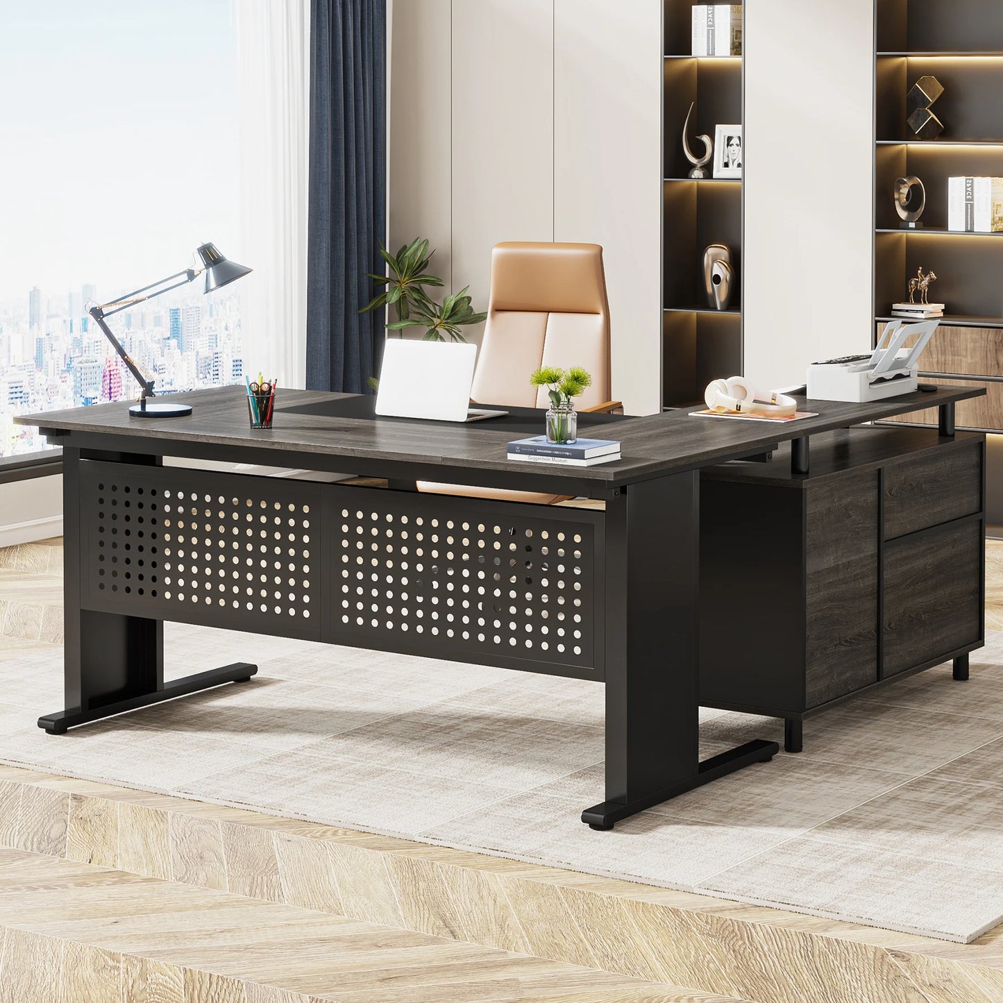 Parkview L-Shaped Executive Desk with Storage Cabinet & File Drawer