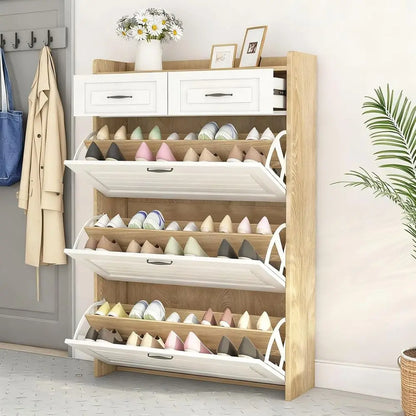 Oak & White Lip-Door Shoe Cabinet