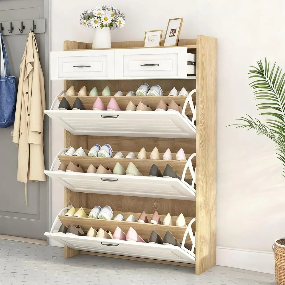 Oak & White Lip-Door Shoe Cabinet