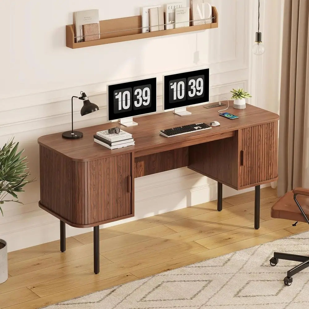 Walnut L-Shaped Desk with Charging Station