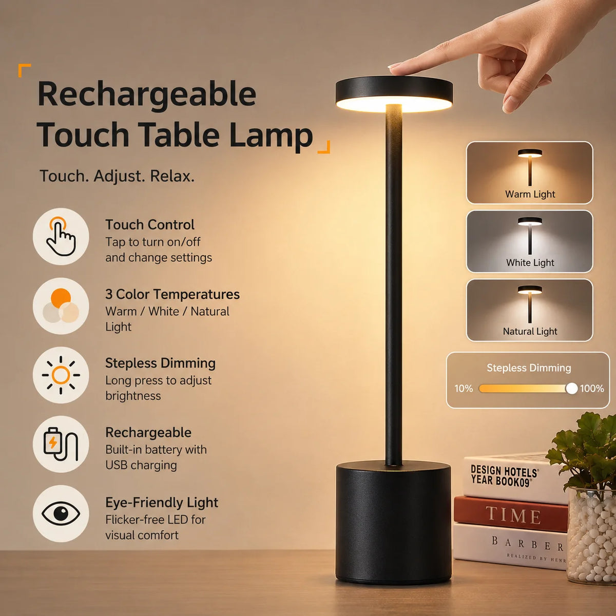 Cordless Rechargeable Touch Table Lamp | 3 Light Colors, Stepless Dimming