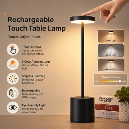 Cordless Rechargeable Touch Table Lamp | 3 Light Colors, Stepless Dimming