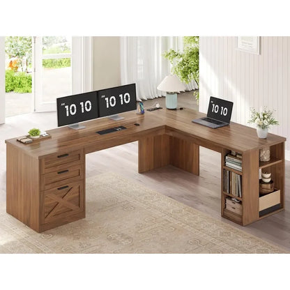 Hearthwood Farmhouse L-Shaped Desk with Drawers & Charging Station