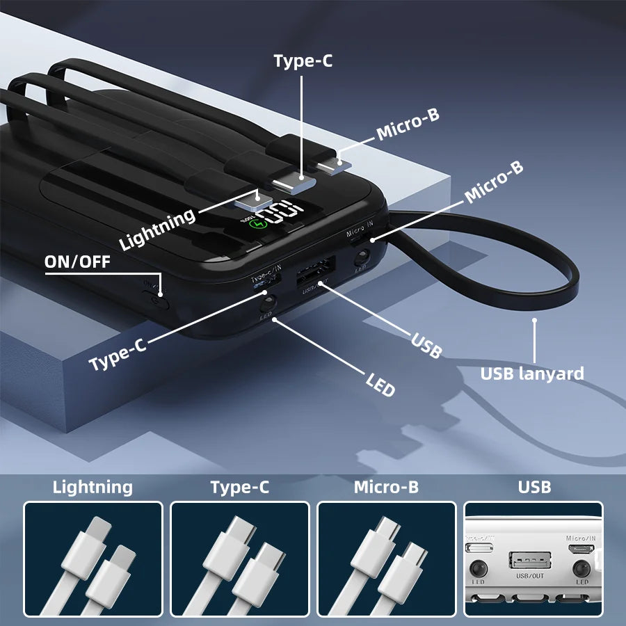 Large Capacity Power Bank with Built-In Cable