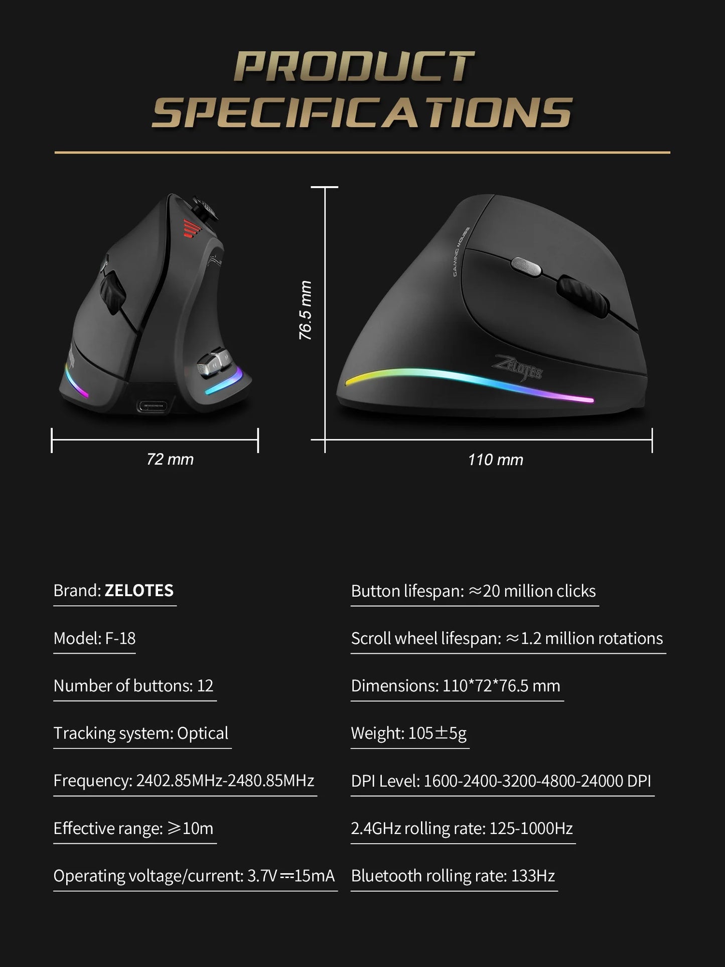 ZELOTES F18 Vertical Wireless Mouse
