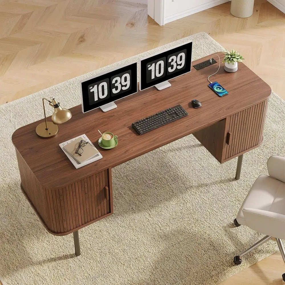 Walnut L-Shaped Desk with Charging Station