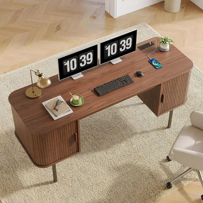 Walnut L-Shaped Desk with Charging Station
