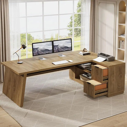 Oak Brown L-Shaped Executive Desk