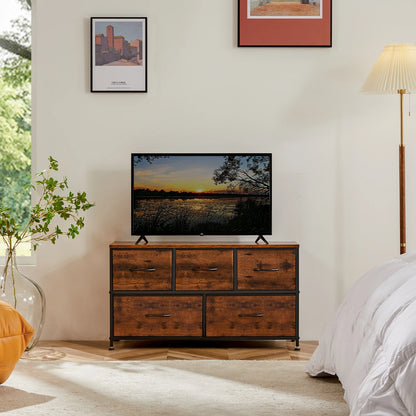 Modern 5-Drawer Storage Cabinet with Wood Top & Metal Frame