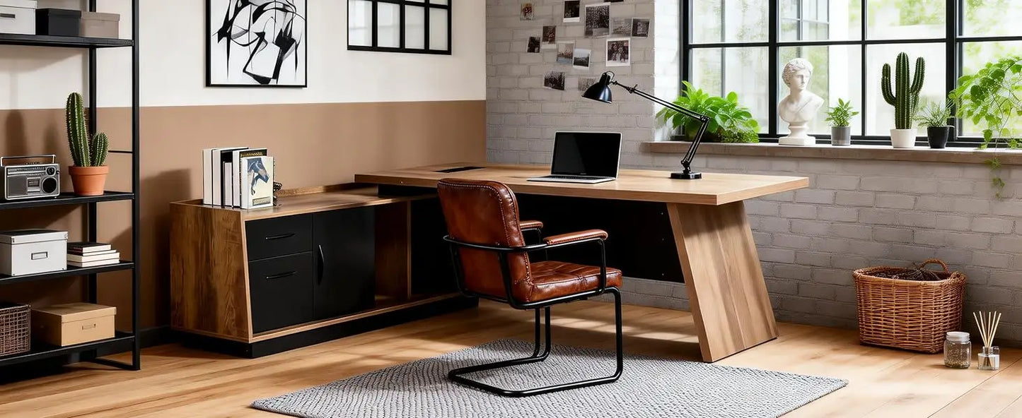 Executive L-Shaped Wooden Office Desk with Storage Cabinet