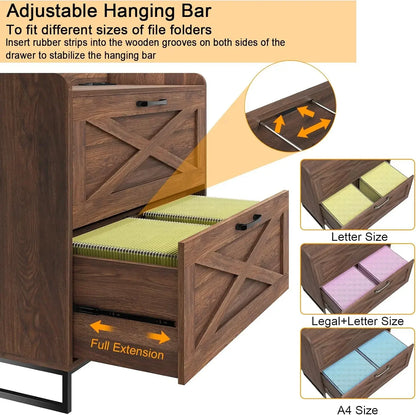 Premium Wood Filing Cabinet with Charging Station & Dual File Drawers