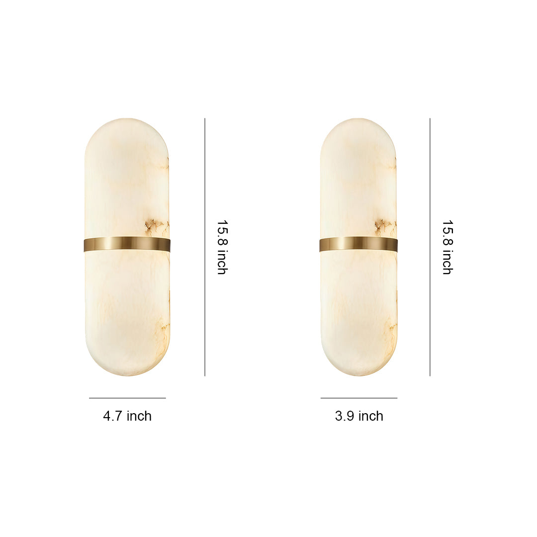 Art wall lighting with glass shade chandelier inspired design showing two sizes in vertical capsule form with gold band accent.