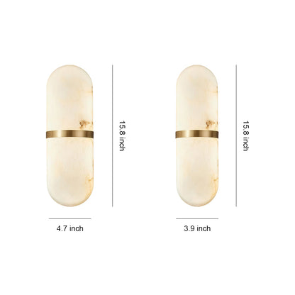 Art wall lighting with glass shade chandelier inspired design showing two sizes in vertical capsule form with gold band accent.